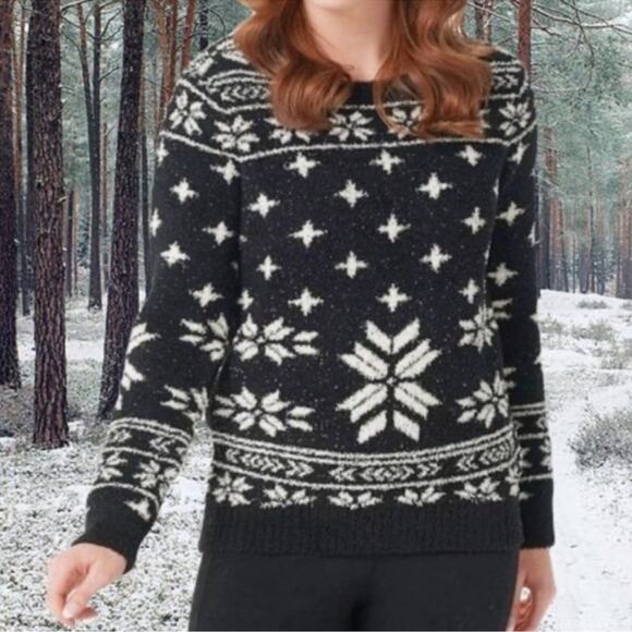 Barefoot Dreams CozyChic Seaside Pullover Black Fair Isle Crew Neck Size Large - Picture 2 of 13